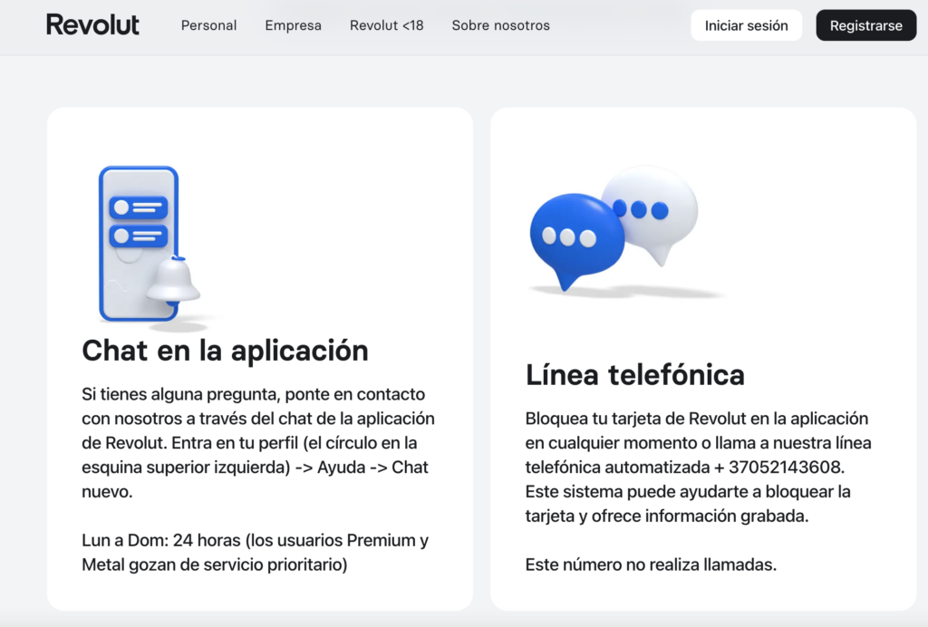 Contacta a Revolut a través del chat o línea telefónica 